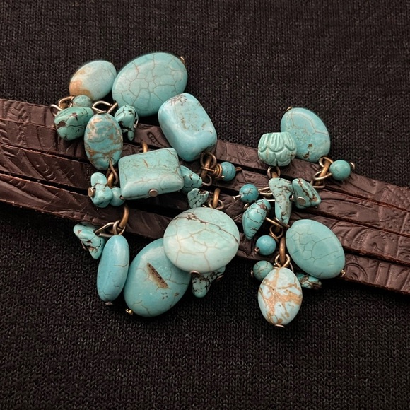 JENNY RABELL Turquoise Stone Charm, Hand Tooled Leather & Brass Adjustable Brace - Picture 6 of 14